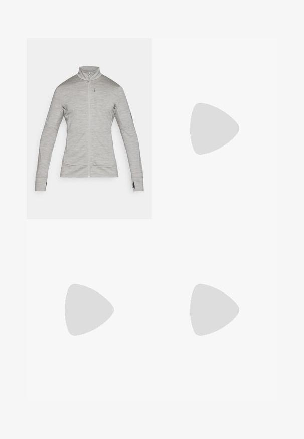 icebreaker MID WEIGHT QUANTUM  - Sudadera con cremallera - grey; Camisa de manga larga gris con tejido texturizado, que presenta un bolsillo en el pecho de color gris oscuro y un cierre de cremallera. Logotipo blanco en el bolsillo.; Pantalones exteriores negros con un bolsillo en el muslo con cremallera, cintura elástica y tejido liso y resistente al agua. Diseño limpio sin logotipos visibles.; Zapatilla de correr negra con una superficie texturizada y acentos verdes. Presenta un diseño ligero y una suela única y estampada para mayor tracción.