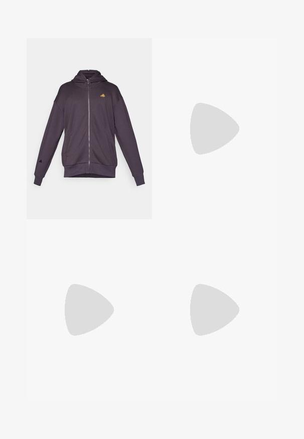 Casaco com fecho éclair roxo feito de tecido suave, com um grande capuz, bolsos frontais e um logótipo bordado no peito e na manga.; Jersey de manga curta verde claro com detalhes cinzentos, logotipo preto e riscas. Feito de material respirável, projetado para vestuário atlético.; Calças de desporto cinzentas com cintura elástica, apresentando um acabamento texturizado e detalhes laterais verdes em contraste. Inclui um detalhe de logotipo.; Tenis negros desportivos com um superior em malha texturizada, riscas brancas de destaque, sola acolchoada e um calcanhar reforçado para suporte.