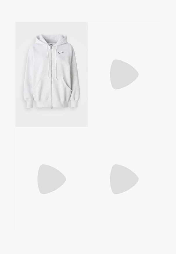 Haut de sweat à capuche zippé gris clair avec poches avant, capuche avec cordon de serrage, poignets côtelés et un petit logo Nike noir sur la poitrine.; T-shirt en coton blanc avec un col rond classique, des manches courtes et une coupe ajustée. Aucun motif ni accent visible.; Pantalon de survêtement gris avec une taille élastique, un détail de cordon de serrage et un petit logo Nike blanc sur la cuisse gauche. Tissu doux, coupe ample.; Baskets en cuir blanc avec des accents gris, bout perforé, lacets plats, col rembourré et semelle en caoutchouc texturée.