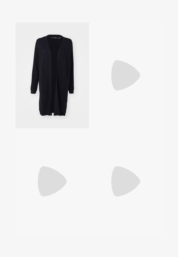 Black, long-sleeve cardigan made of soft fabric, featuring an open front design, two front pockets, and ribbed cuffs and hem.; Three long-sleeve tops stacked: black, grey, and white. Each has a round neckline and a cropped design with smooth, lightweight fabric.; Black flared pants made from stretchy fabric, featuring a high waistband and flared cuffs with side slits for additional movement.; Gray suede sneakers with white laces, black stripes, and a white rubber sole. Features a circular logo on the tongue and a gum sole.