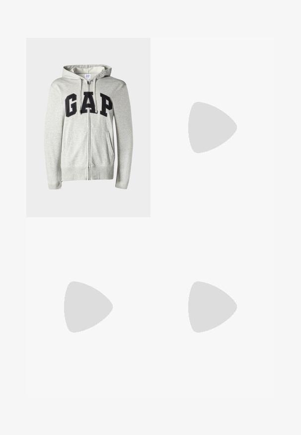 GAP HERITAGE LOGO - Felpa con zip - grey; T-shirt in cotone beige con collo rotondo e maniche corte. Presenta un sottile logo "Levi's" dello stesso colore sul petto. Tessuto morbido.; Pantaloni sportivi grigi in morbido tessuto, con vita elastica e cordoncino, gamba dritta e una superficie liscia.; Sneaker bianche in pelle con finitura liscia, punta arrotondata, lacci piatti e suola texturizzata. Accento in suede grigio sul tallone.; Occhiali da sole neri rettangolari con lenti scure. Montatura lucida, aste dritte con una leggera curvatura. Design minimalista, senza decorazioni.