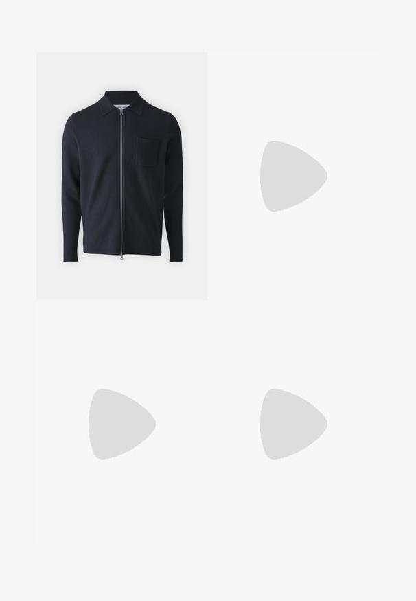 Navy zip-up sweater featuring a collared neckline, long sleeves, and a chest pocket. Made from soft fabric with a smooth texture.; Blue and white striped long-sleeve shirt made of cotton, featuring a button-down collar, front buttons, and a small embroidered logo on the chest.; Beige trousers with a smooth texture, straight cut, two back pockets with buttons, and a standard waistband.; Navy suede sneaker with a low profile, round toe, and contrasting beige rubber sole. Features tonal laces and a soft textile lining.