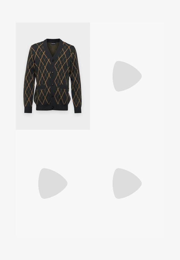 Barbour FERGUSON CARDIGAN - Cardigan - black marl; Long-sleeve white cotton T-shirt with a crew neck, featuring a small yellow and burgundy logo on the left chest. Seamless cuffs and hem.; Black denim shorts with a relaxed fit, featuring a classic five-pocket design and button closure, smooth texture, and straight leg cut.; Black patent leather loafers with a braided design, tassel accent, and a chunky, textured rubber sole. Side view showcases sleek silhouette.