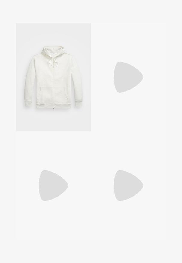 Ανοιχτό γκρι ζακέτα με φερμουάρ φτιαγμένη από μαλακό ύφασμα. Διαθέτει κουκούλα με κορδόνι, μπροστινές τσέπες και ένα μικρό λογότυπο στο στήθος.; Λευκό μπλουζάκι μακρυμάνικο από βαμβάκι. Διαθέτει στρογγυλή λαιμόκοψη, ριμπ μανσέτες και μικρό λογότυπο στη ναυτική μπλε απόχρωση στην αριστερή πλευρά του στήθους.; Εκρού ελαστικά παντελόνια με κορδόνι στη μέση, ίσια πόδια και πλάγιες τσέπες σε απλό φόντο.; Λευκά sneakers με υφή δερμάτινο άνω μέρος, ναυτικό τόνους στην φτέρνα, τρυπητή μύτη και πορτοκαλί λεπτομέρεια στη μεσοσόλα. Με λογότυπο στο πλάι.