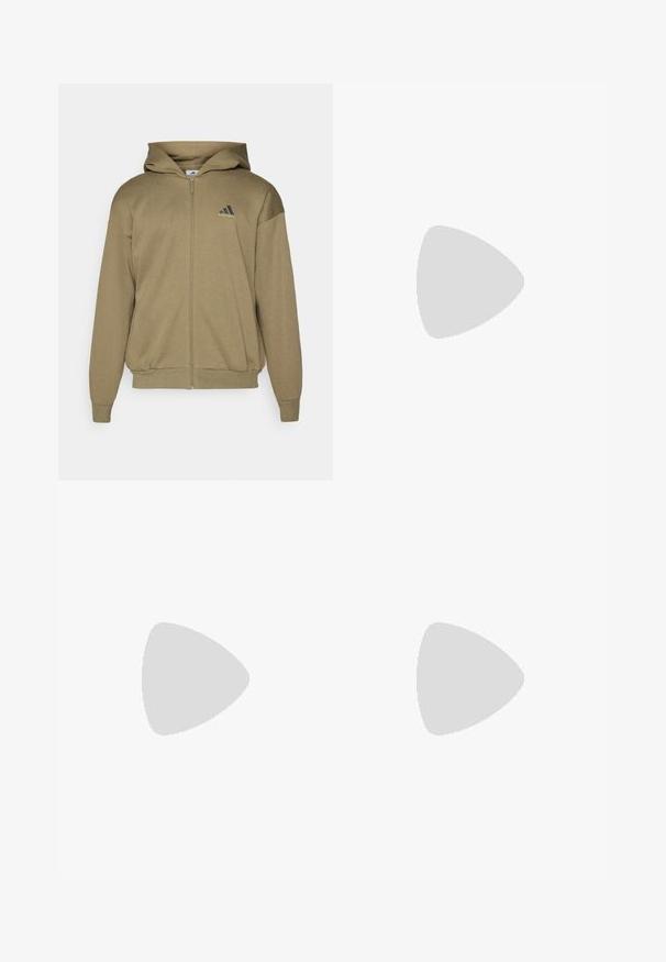 Sudadera con cremallera en color caqui, hecha de una tela suave y texturizada. Cuenta con capucha, puños y dobladillo acanalados, y un logo negro en el pecho.; Camiseta atlética blanca de manga corta, hecha de una tela que absorbe la humedad. Presenta un logo negro en el lado izquierdo del pecho y un cuello interior con un diseño estampado.; Pantalones deportivos negros con una cinturilla elástica, rayas laterales blancas y un pequeño logo blanco en el muslo. Fabricados con un material suave y ligero.; Zapatillas deportivas negras con una parte superior de malla texturizada, rayas de acento blancas, suela acolchada y talón reforzado para mayor soporte.