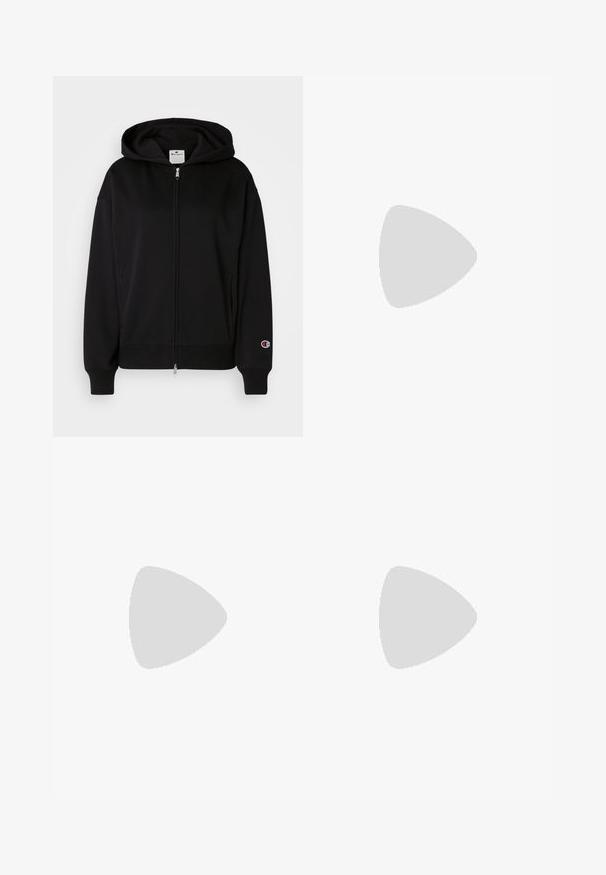 Champion ICONS FULL ZIP HOODIE LOGO - Jaka ar rāvējslēdzēju - black; Balta īsām piedurknēm kokvilnas T-kreklā ar apaļu kakla izgriezumu un mazu logotipu augšējā kreisajā krūtīs. Mīksta tekstūra un standarta izmērs.; Melnos pelēkās flared treniņbikses ar mīkstu tekstūru. Ievērojama elastīga jostām un izšūts logo sānos.; Baltā sporta apavi ar sietu augšdaļu, trīs melnām svītrām sānos, teksturētām akcentiem un izturīgu gumijas zoli ar kontrastējošu melnu daļu.