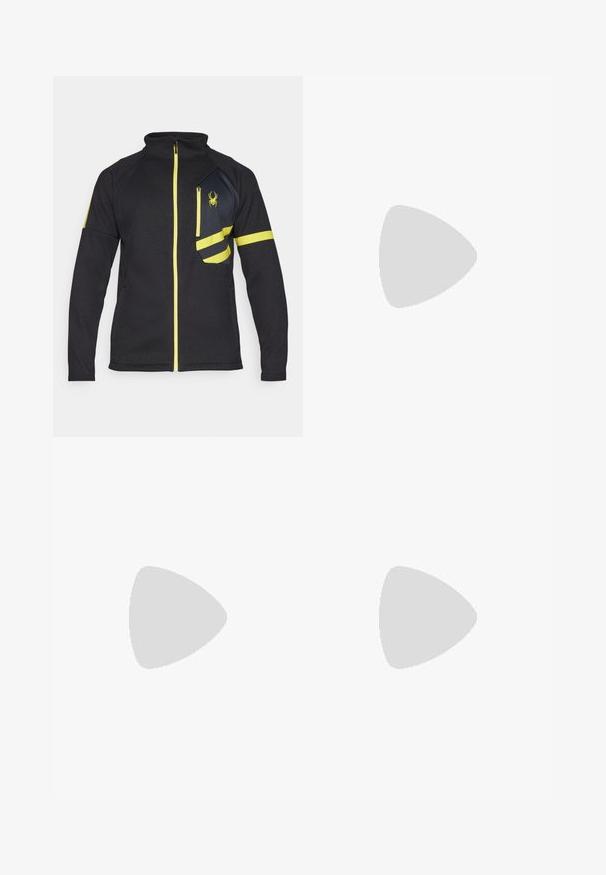 Veste zippée noire en tissu texturé. Présente des accents jaunes, une poche poitrine zippée et un logo brodé à l'avant.; T-shirt de course noir Nike en matériau léger et respirant, avec des manches courtes et un petit logo blanc sur la poitrine.; Shorts de sport noirs en matériau léger avec une taille élastique. Présente un petit logo Nike blanc sur le bas du côté gauche.; Chaussures de sport noires avec une tige en mesh, des détails texturés, un col rembourré et une semelle en caoutchouc avec un motif de crantage distinctif.