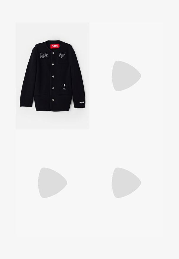 Black wool cardigan with a round neck, silver buttons, and front pockets. Features white embroidered text and logos on the chest and sleeve.; White cotton t-shirt with short sleeves, rounded neckline, relaxed fit, and no visible logos or patterns. Smooth texture and minimal design.; Black, wide-leg, elastic waist pants with a drawstring, featuring side pockets and a smooth, lightweight fabric finish.; White leather sneaker with textured upper, rounded toe, flat white sole, and tonal laces. Subtle branding on the tongue.; Metal-framed sunglasses with oval green lenses. Thin silver metal frame and black ear tips. Minimalist design, no visible logos.