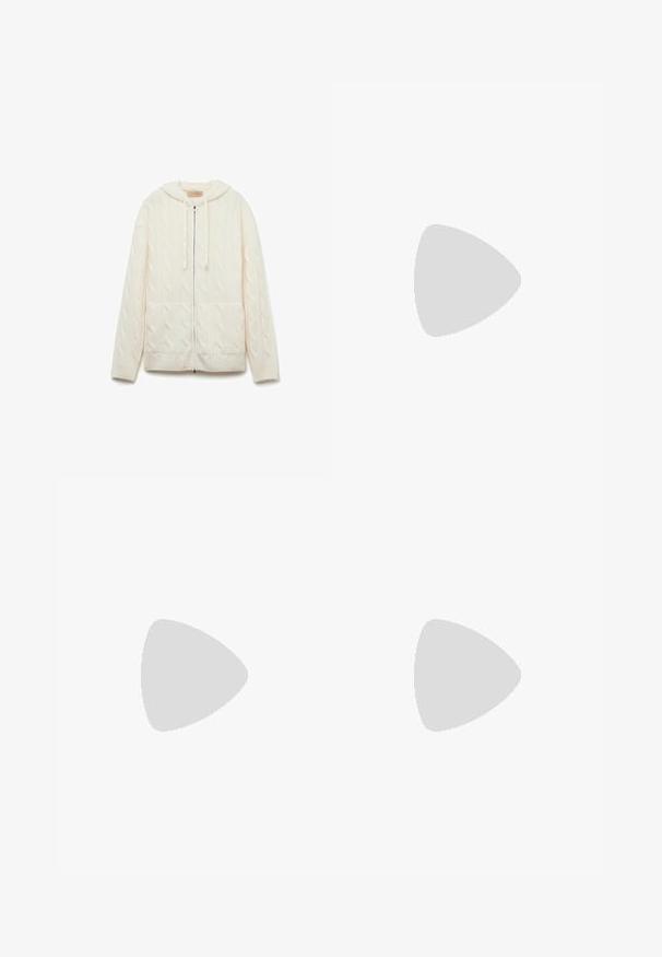 Krämfärgad kabelstickad huvtröja med dragkedja framtill, två framfickor och ribbade muddar. Mjuk känsla med en något oversized passform.; Vit ärmlös topp med rundad halsringning, featuring en subtil textur, detalj med nyckelhål i ryggen och rak nederkant.; Vita vida byxor i vid passform gjorda av ett lättviktsmaterial. Har en elastisk midja med dragsko och sidofickor. Slät textur.; Vit slingback-häl med spetsig tå, med en slät ovandel, subtila utskärningar och en låg blockklack. Svart sula framhäver designen.