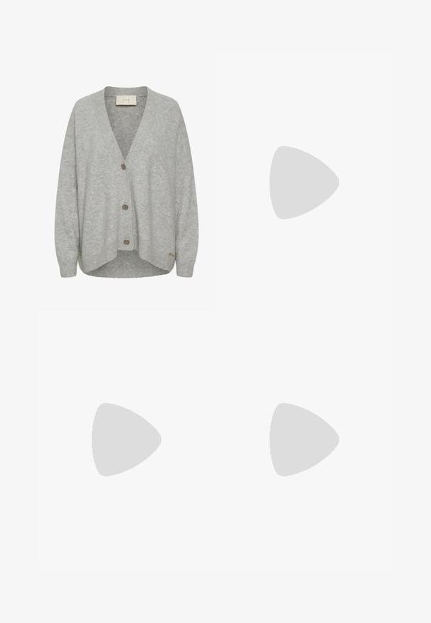 Gray cardigan made of soft wool, featuring a V-neck, long sleeves, and three front buttons with a slightly curved hemline.; White sleeveless top with a round neckline. Made of smooth fabric, it features a relaxed fit and minimalist design. No patterns or accents.; Beige cargo pants made from cotton with a wide-leg design, featuring two front patch pockets and reinforced stitching.; Samba sneakers with a cream and beige color scheme, featuring three light blue stripes, white laces, and brown rubber soles.