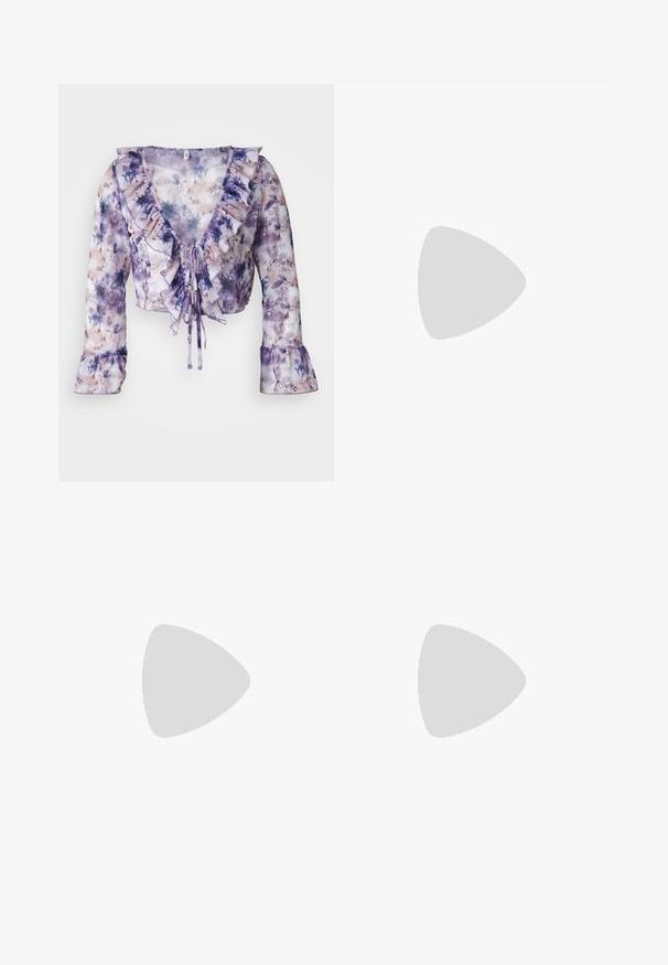 Floral print blouse in sheer, lightweight fabric. Features ruffled neckline and sleeves. Colors include purple, lavender, and soft beige.; White sleeveless bodysuit with a high neckline and a thong cut. Smooth texture and fitted silhouette designed for a form-fitting look.; Wide-leg denim trousers in dark blue, featuring a smooth texture, five-pocket design, and contrasting stitching. Front button and zip closure.; Black strappy sandal with a square toe and a low block heel. Features multiple thin straps and an adjustable ankle strap. Made of smooth leather.