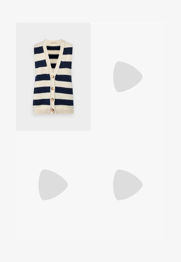 Cardigan sans manches tricoté avec des rayures horizontales bleu marine et crème. Il présente un col en V, cinq boutons en bois et des bords côtelés.; T-shirt en coton noir à manches courtes, col rond, présentant un petit logo blanc Levi's sur la poitrine, texture lisse, coupe classique.; Jean en denim noir pour hommes, coupe droite, avec cinq poches et surpiqûres orange, fermeture par bouton et zip à la taille avant.; Sneaker blanc en cuir et daim, avec des rayures horizontales noires, une semelle en caoutchouc beige et des lacets plats.