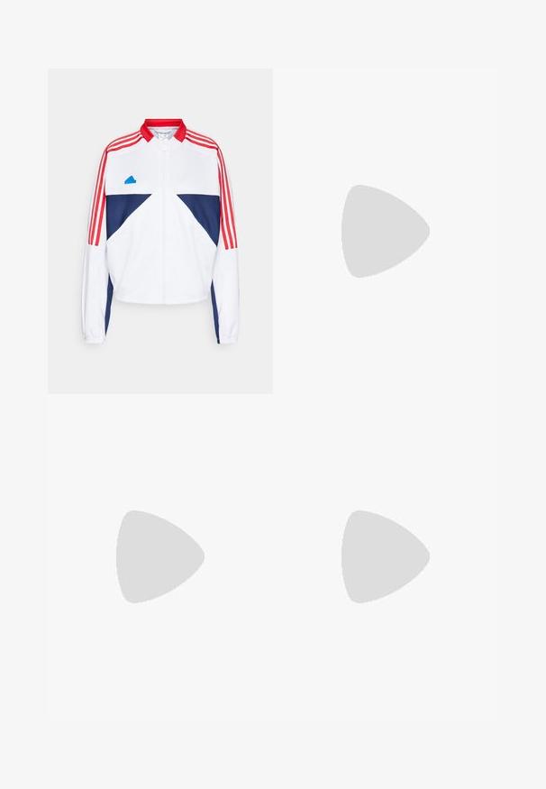adidas Sportswear TIRO CUT 3-STRIPES TRACK - Bluză de molton cu fermoar - white/better scarlet; Tricou sportiv negru fără mâneci, cu decolteu rotund, având un logo alb pe piept și accente cu dungi albe pe laterale. Textură de material neted.; Leggings negri pentru sport, cu talie înaltă, având accente din plasă pe picioare și un logo brodat pe șold.; Adidași albi cu partea superioară din plasă, trei dungi negre pe lateral, accente texturate și o talpă din cauciuc solidă cu o secțiune contrastantă neagră.