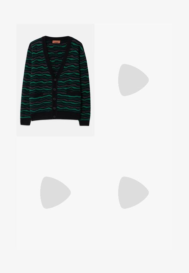 Green and black cardigan with wave pattern, featuring a V-neck, five buttons, and two front pockets. Made of soft, textured material.; White cotton t-shirt featuring a large grey "Emporio Armani Milano" logo on the front and a small logo on the upper left side.; White slim-fit pants with an elastic waistband, featuring two side pockets and a smooth, slightly shiny texture.; White low-top sneaker with lace-up front, smooth upper, and rubber sole on plain light background.