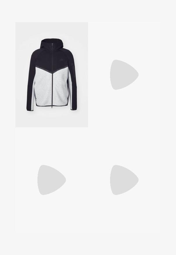 Siva in črna jakna s kapuco na zadrgo. Ima chevron vzorec, žep z zadrgo na roki in kontrastne teksture. Vidno je Nikejevo logo.; Nike črna bombažna majica z klasičnim okroglim izrezom, kratkimi rokavi in subtilnim, vtisnjenim logotipom na prsih. Gladka tekstura.; Črne trenirke iz mehkega materiala z elastičnim pasom, vrvico in majhnim logotipom Nike na levem stegnu.; Črne Nike Air Force 1 športne copate z gladkim usnjem, perforirano konico za zračnost, črnimi vezalkami in teksturirano gumijasto podplatom.