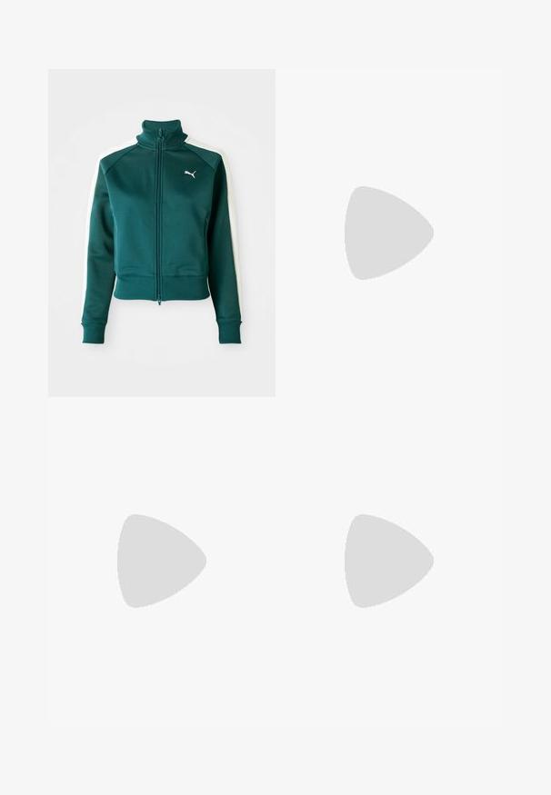 Veste de jogging zippée teal avec des rayures blanches sur les côtés, col montant et poignets côtelés. Présente un petit logo blanc sur la poitrine gauche.; T-shirt noir à manches courtes en coton. Il présente un col rond, une coupe décontractée et un ourlet net sans motifs ni accessoires visibles.; Pantalons noirs légers avec une taille élastique et des chevilles froncées. Le tissu est lisse et présente un design décontracté et fuselé.; Baskets noires à lacets avec une semelle épaisse, présentant un dessus en cuir lisse, un bout arrondi et un design de plateforme en couches distinct.