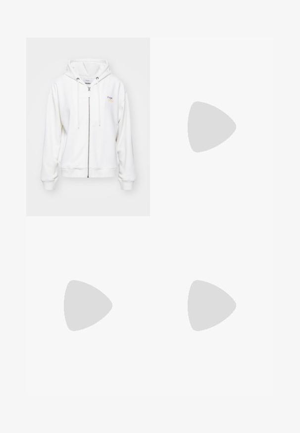 Sudadera con cremallera blanca hecha de material suave, con capucha ajustable y logo en colores pastel en el lado izquierdo. Puños y dobladillo de canalé.; Top blanco de manga larga y sin hombros, confeccionado en material acanalado. Diseño ajustado con una textura suave y dobladillo recto.; Pantalones de pierna ancha negros, hechos de una tela duradera, con cierre de botón en el frente, dos bolsillos laterales y una textura suave.; Zapatillas de ante negro con acentos en blanco, cordones planos y suela de goma marrón. Presenta un logo en el lateral y un diseño texturizado en la parte superior para mayor agarre.
