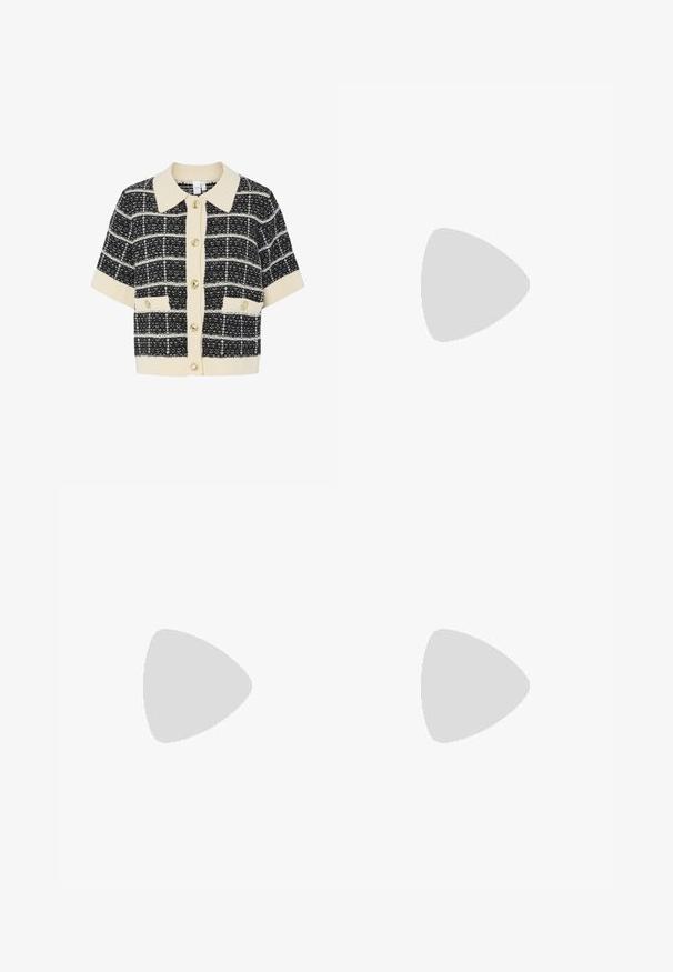 Cardigan a maniche corte in tweed nero e bianco con un ampio colletto crema, bottoni dorati e due tasche frontali. Tessuto testurizzato con un motivo a griglia.; Top rosso a maniche corte con design avvolgente, caratterizzato da una texture arricciata sul lato e una finitura in tessuto morbido e liscio.; Gonna in satin marrone con design dritto, dotata di spacchi laterali per facilitare i movimenti e una texture liscia su tutto il tessuto.; Scarpa slingback nera in pelle con punta affusolata e tacco sottile e curvato. Presenta una discreta fascia regolabile con una fibbia in metallo.; Borsa a mano in pelle lucida rossa con forma triangolare, ampia apertura superiore e un manico curvo singolo. Texture liscia con dettagli di cucitura minimi.