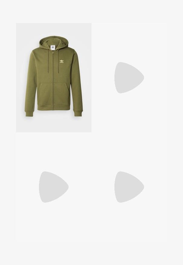 Sweatshirt com fecho éclair em verde oliva, feito de um tecido suave, com capuz, dois bolsos frontais e pequeno logótipo da adidas em dourado no peito.; T-shirt preto feito de tecido liso com decote redondo, apresentando três riscas verdes nos ombros e um pequeno logo verde no peito.; Calças atléticas pretas com um cós elástico, apresentando riscas brancas laterais e um pequeno logótipo. O material parece macio e leve.; Tenis em camurça preta com detalhes amarelos, apresentando três riscas e uma sola de borracha castanha. Inclui uma língua acolchoada para maior conforto.