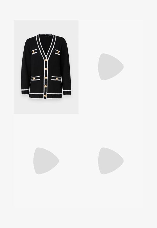 Alice + Olivia BRADFORD  - Kardiganas - black/soft white; Balta trumpa rankovėmis marškinėliai, pagaminti iš pasiruošusio audinio. Apvali iškirptė, reguliari tinkamumas ir subtilūs siuvimo detalės. Be raštų ar grafikos.; Balta megzta midi sijoninė su tekstūruotu raštu, vertikaliomis linijomis ir išpjovomis arti apatinės dalies. Elastinga juostos dalis. Minkšta medžiaga.; Juodai odiniai baletai su apvaliu pirštu, lygi texture, minimalus siuvimo detales ir lanksčiu padų dizainu.