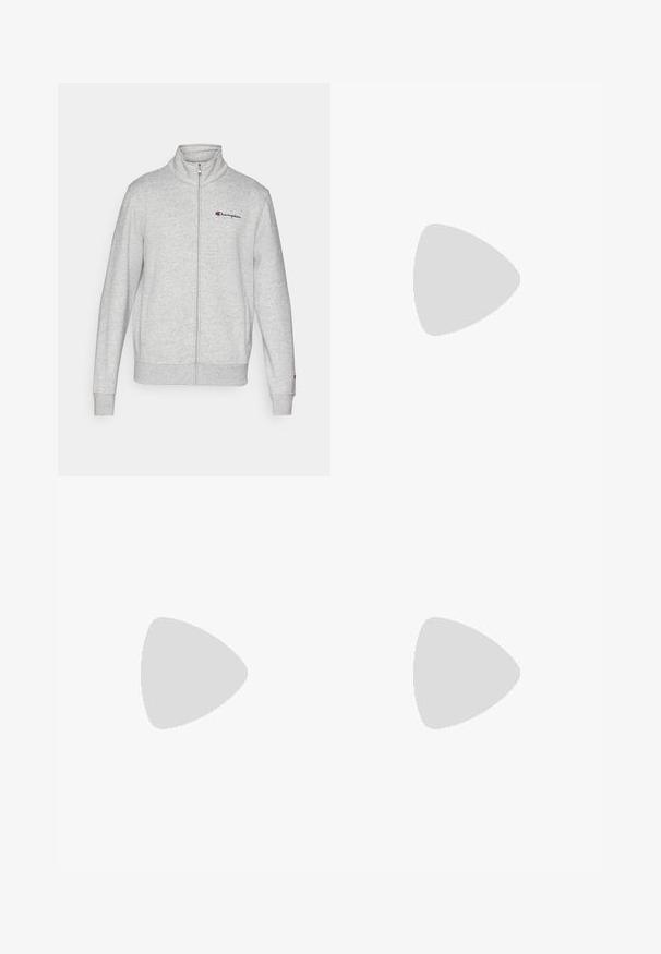 Champion ICONS FULL ZIP COLLAR - Sudadera con cremallera - grey; Camiseta de algodón blanca con cuello redondo, mangas cortas y un logo bordado en negro de "Champion" en el pecho y un acento en la manga.; Pantalones de chándal grises hechos de una suave mezcla de algodón, con una cinturilla elástica, piernas ceñidas y un pequeño logo en la zona del bolsillo izquierdo.; Zapatillas deportivas blancas con un upper sintético suave, acento del logo en negro y detalles perforados en los laterales. Suela de goma.
