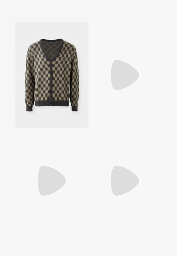 V-neck cardigan in checkered pattern featuring shades of olive and dark gray. Made of soft, textured material with buttons down the front.; White short-sleeve T-shirt with red text "Studio Originals Edition" on left chest, displayed on a neutral gray background.; Dark navy blue jeans with a straight-leg design, made of smooth cotton fabric. Features five pockets and a button closure.; White slip-on sneakers with a textured surface, a thick sole, and minimalistic design. Features brand logo on the side.