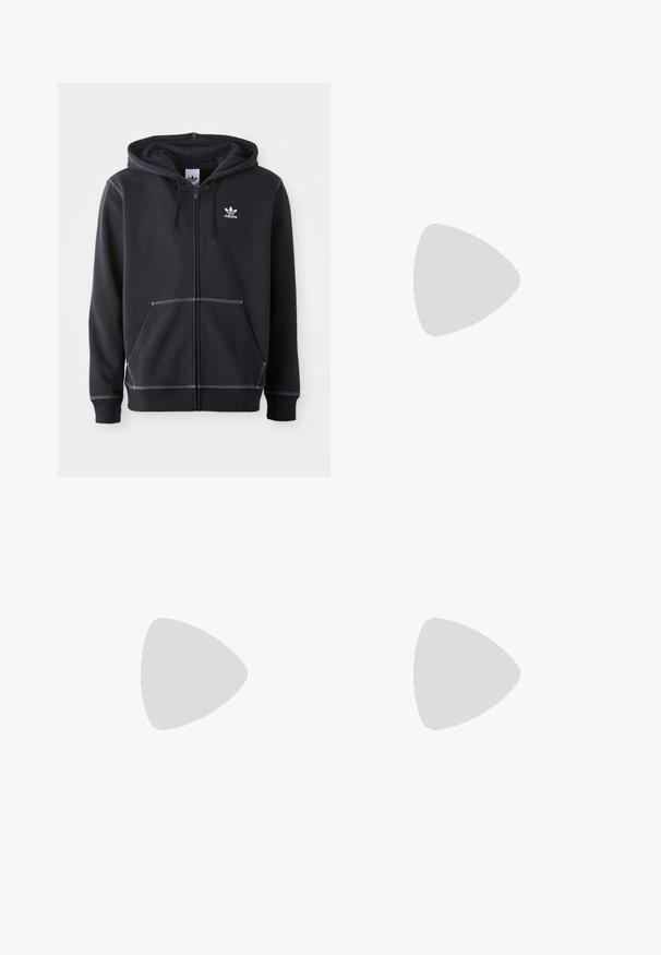 Sweatshirt preto com fecho, feito de tecido macio, com um bolso canguru na frente, acentos em costura branca e um pequeno logotipo branco no peito.; Três tops em algodão de alças brancas com nervuras. Apresentam um decote redondo e pequenas etiquetas pretas perto da bainha. Disponíveis em vários tamanhos.; Calças atléticas pretas com um cós elástico, feitas de tecido suave, com costuras laterais discretas e um ajuste descontraído, design de perna reta.; Sneakers pretos com parte superior em camurça e sintético, apresentando três riscas brancas, sola de borracha texturizada e etiqueta azul no linguete.