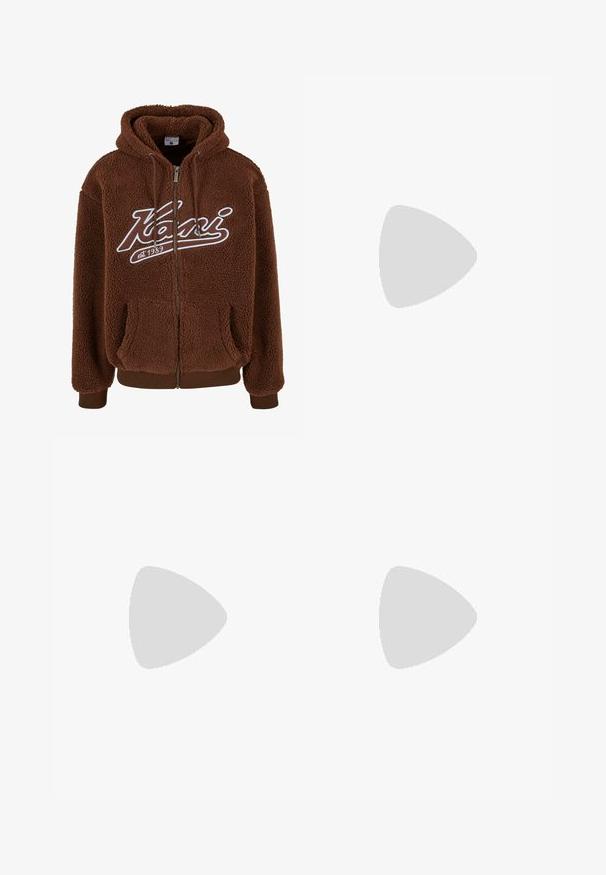 Brown fleece hoodie with a zip front, large pockets, and white logo detailing. Features drawstring hood and ribbed cuffs and hem.; White cotton t-shirt with short sleeves and a crew neck. Centered text reads "WELCOME TO PARADISE" in a curved green font.; White cargo pants featuring a relaxed fit, front button closure, and multiple pockets on the sides, made from durable cotton material.; Beige suede sneakers with a rounded toe, lace-up front, and a textured back accent. White rubber sole provides contrast. Simple and modern design.