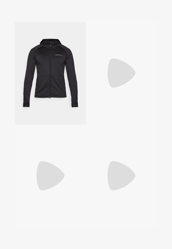 Peak Performance FLO CHILL LIGHT ZIP HOODY - Felpa con zip - black; Maglietta nera realizzata in tessuto liscio, con scollatura a girocollo e maniche corte. Logo discreto stampato in nero sul petto.; Pantaloni verde oliva realizzati in tessuto leggero, dotati di cintura elastica, chiusura con bottone e gamba dritta senza motivi visibili.; Scarpe da esterni nere realizzate in mesh e materiale sintetico, con una parte superiore testurizzata, un sistema di allacciatura sicuro e una suola robusta, su terreno roccioso.