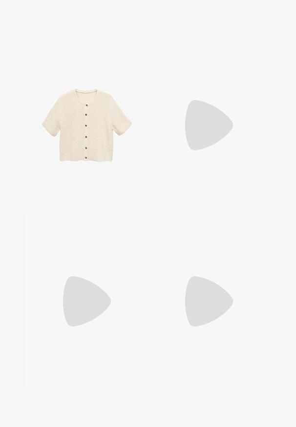 Kratka rokavi, kremna jopica z teksturiranim pletenim vzorcem, z okroglo ovratnikom in petimi gumbi na sprednji strani.; Rjava kratka majica s kratkimi rokavi iz mehkega materiala, s krožnim izrezom in ohlapnim krojem. Brez vidnih vzorcev ali dodatkov.; Široke rjave kavbojke iz denima, ki imajo visok pas, sprednje žepe in klasično zapiranje na gumb. Gladka tekstura s subtilnim šivom.; Rjav usnjen sandal z načinom prečnega črta, zaklepom okoli gležnja in ravnim podplatom z minimalnimi šivi.; Bežna usnjena torbica edinstvene oblike, z dvema kratkima ročajema in dolgim nastavljivim trakom. Gladka tekstura z minimalno kovinsko opremo.