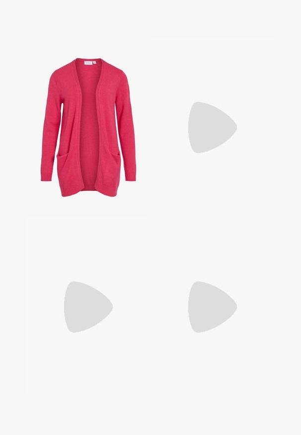 Pink cardigan made of soft fabric, featuring an open front, long sleeves, and two front pockets. Smooth texture with ribbed cuffs.; White ribbed tank top featuring a round neckline, sleeveless design, and a cropped length. Label reads "JJXX." Smooth fabric texture.; Black, wide-leg pants with an elastic waistband, made from smooth fabric. Features a clean design with no pockets or visible stitching details.; Black and gray suede sneaker with a large cream-colored "N" logo, purple laces, and a textured gum rubber outsole.