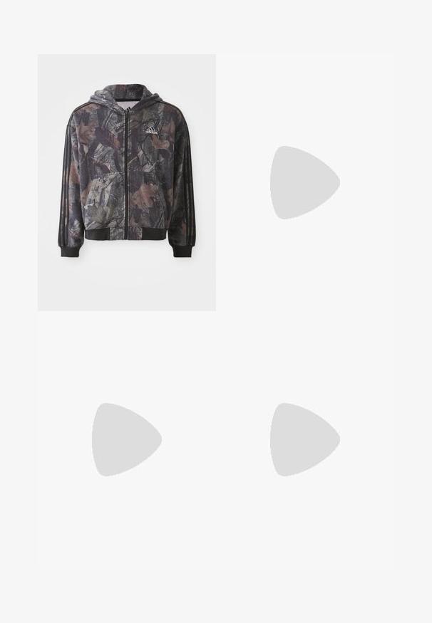 Hooded zip-up jacket featuring a camouflage pattern with brown and black leaf details, black cuffs, and three black stripes on sleeves.; Black short-sleeve t-shirt with white three-stripe detailing on shoulders and a small white logo on the chest. Smooth fabric texture.; adidas Originals Tracksuit bottoms - black; Black and white athletic shoes with suede and synthetic upper, featuring three distinct white stripes, rubber sole, and gold "Predator" text.