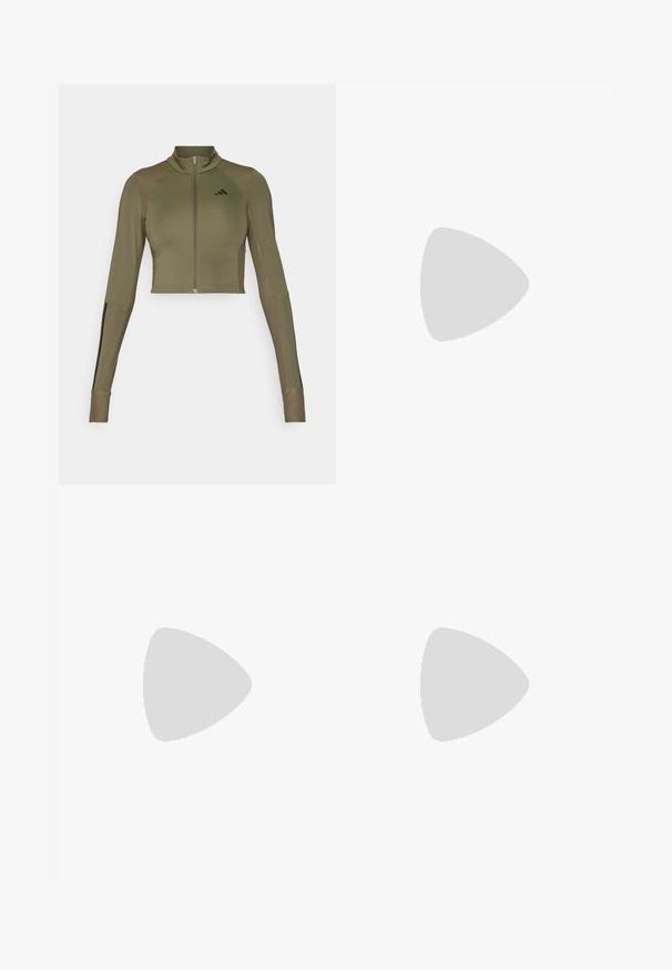 Olivno zelena kratka atletska jakna z visokim ovratnikom, polnim zadrgo, rebrastimi detajli na ramenih in črnimi akcentnimi črtami na rokavih.; Kratka športna majica s kratkimi rokavi, temno siva z perforirano teksturo. Ima bel logotip in kontrastne stranske črte. Okrogel ovratnik.; Črne atletske kratke hlače iz lahkega materiala, z elastičnim pasom in belim logotipom Adidas na spodnji levi strani.; Bela atletska čevlja z črnimi diagonali, mrežastim zgornjim delom, zaobljenim nosom in teksturirano podplatom. Dodatki vključujejo srebrno peto in minimalističen dizajn.