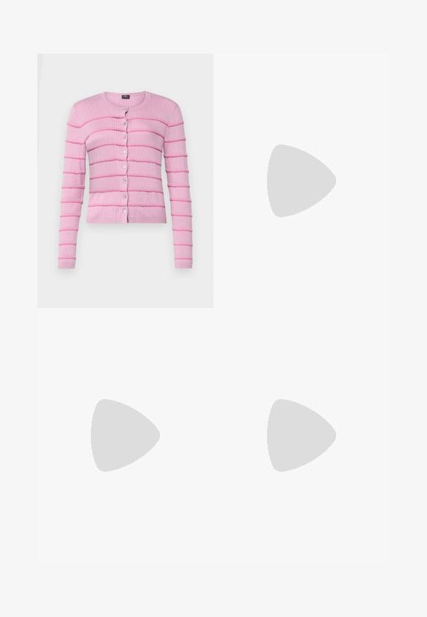 PS Paul Smith WOMENS BUTTON THROUGH CARDIGAN  - Gilet - pink; T-shirt en coton blanc avec des manches courtes, un col rond, une coupe décontractée et un ourlet cousu. Étiquette visible à l'intérieur du col.; Pantalons blancs à jambes larges en coton avec une texture douce. Comprend un bouton à l'avant, une fermeture éclair et un design à quatre poches.; Pompe slingback en cuir verni noir avec un bout pointu, un talon fin et un design de découpes subtil. Elle dispose d'une boucle dorée sur la sangle.