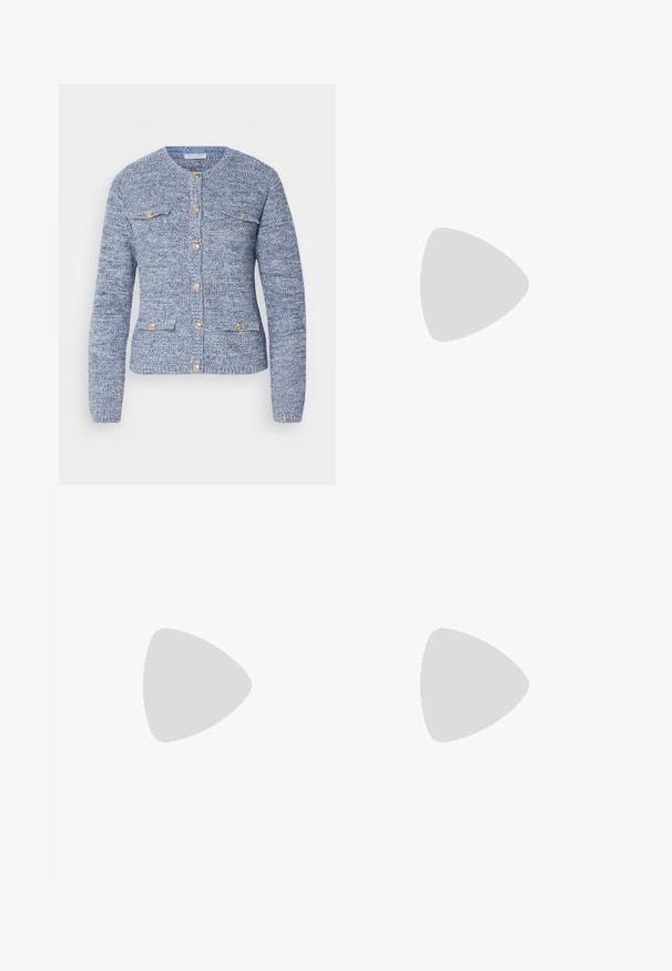 Blue textured cardigan with a round neckline, long sleeves, golden buttons, and two front patch pockets. Designed with a fitted shape.; White cotton tank top with a wide neckline and thin shoulder straps. Smooth texture with no visible patterns or embellishments.; Wide-leg trousers in navy blue, made from lightweight fabric. Features a slightly textured surface, elastic waistband, and front seams.; White leather sneaker with a smooth finish, beige suede accents, round toe, flat lace-up design, and a textured rubber sole.