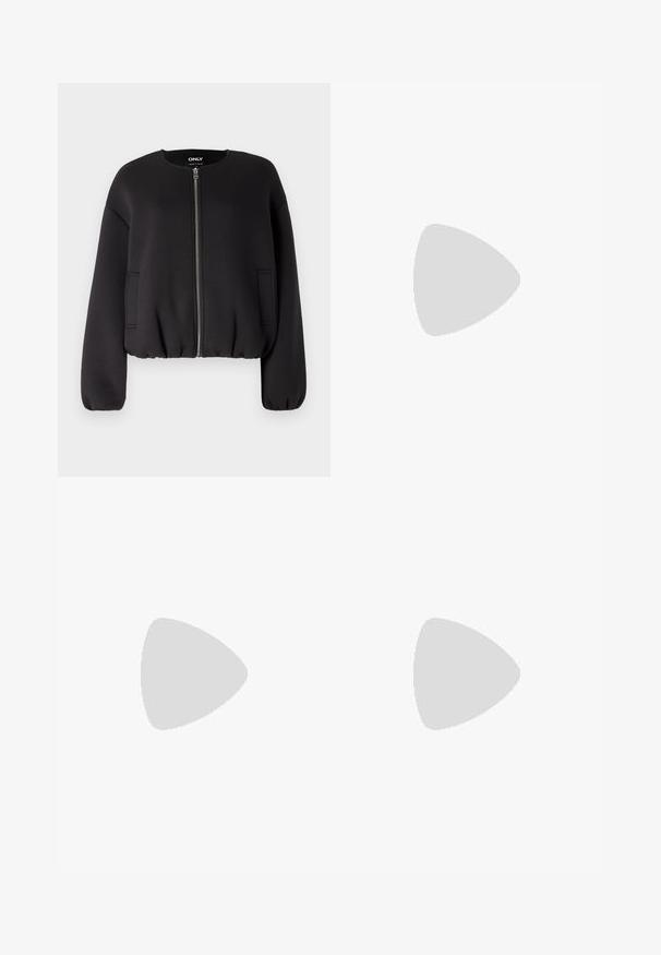 ONLY ONLELLIE JACKET  - Blouson Bomber - black; Haut à col roulé à manches longues blanc, fabriqué en tissu lisse et extensible. Il présente un col haut et une coupe ajustée, sans motifs ni embellissements visibles.; Jeans larges bleu clair en denim, dotés d'une taille haute, d'un design à cinq poches et d'un léger dégradé pour un aspect usé.; Baskets plates blanches en matériau synthétique lisse, avec un bout arrondi, un design à lacets et une semelle en caoutchouc texturé. Accent de talon noir.
