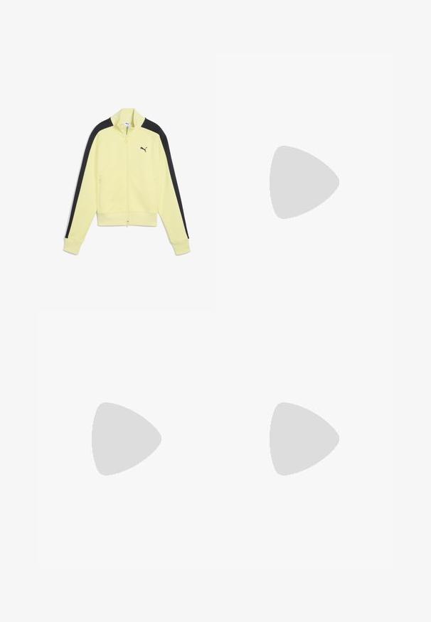 Geel zip-up jack met zwarte zijkleuraccenten, ribgebreide manchetten en een klein zwart logo op de linkerborst. Beschikt over twee voorzakken met rits.; Bruine tanktop met vierkante halslijn en brede schouderbanden, gemaakt van een zachte stof. Eenvoudig ontwerp, zonder patronen of versieringen.; Olijfgroene, mid-lange rok gemaakt van lichte stof, met een elastische tailleband, een trekkoord en twee zijzakken.; Bruine suède sneakers met gele accenten, voorzien van een rubberen zool en veters. Het merkembleem op de zijkant zegt "Puma Palermo".
