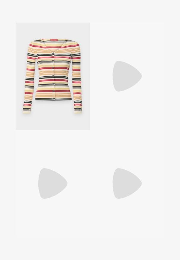 Cardigan a maniche lunghe a coste con strisce orizzontali multicolori in rosso, giallo, nero e bianco, con scollo a V e sei bottoni sul davanti.; Gilet bianco senza maniche con un design aderente, sei bottoni rotondi e due tasche sul davanti. Realizzato in un materiale liscio con una finitura pulita.; Gonna A-line in pelle marrone con una texture liscia e un orlo di lunghezza media. Presenta una vita aderente e una leggera svasatura dai fianchi.; Scarpa slingback da donna in stampa leopardata con tacco basso a blocco e fibbia dorata sul cinturino laterale, mostrata in profilo su sfondo semplice.