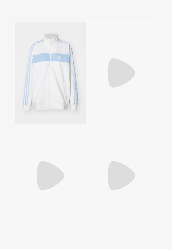 adidas Originals BLOCKED - Vetoketjullinen college - off white; Valkoinen puuvillateepaita, jossa on suuri, kimaltava tumma graafinen Adidasin kolmilehtilogo edessä. Lyhyet hihat ja pyöreä kaula-aukko.; Kermanväriset collegehousut rentossa leikkauksessa, joissa on tummanruskeat sivuraidat ja brodattu logo vasemmassa reisissä.; Valkoiset tennarit, joissa on vaaleansiniset raidat, kumipohja ja nauhakiinnitys. Varustettu kultaisella logolla ja sileällä nahkamaisella pinnalla.