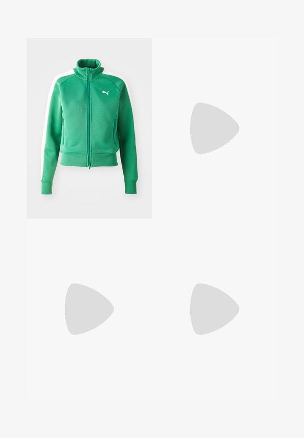 Green zip-up sweatshirt with a textured fabric, ribbed cuffs and hem, featuring white side panels and a white logo on the chest.; Black short-sleeve t-shirt made of cotton. Features a round neck, relaxed fit, and clean hem with no visible patterns or hardware.; Black, lightweight pants with an elastic waistband and gathered ankles. The fabric is smooth and features a relaxed, tapered design.; Black lace-up sneakers with a chunky sole, featuring smooth leather upper, rounded toe, and distinct layered platform design.
