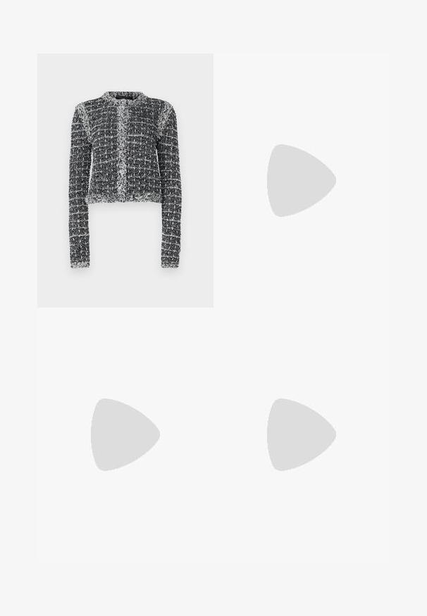 KARL LAGERFELD BOUCLE CARDIGAN - Kardigán - black/white/sweet lavender; Čierne tričko s krátkym rukávom vyrobené z bavlny. Obsahuje bielu grafiku s textom "KARL" a stilizovanou postavou na hrudi. Okrúhly výstrih.; Čierne tepláky s uvoľneným strihom, elastickým pásom, nastaviteľnou šnúrkou a vertikálnymi švami pozdĺž nôh. Jahodnatá textúra látky.; Čierne kožené členkové topánky s masívnou gumovou podrážkou, elastickými bočnými panelmi a zlatým akcentom s logom "GUESS".