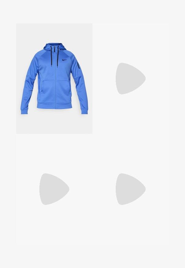 Mėlyna Nike zip-up džemperis su juodomis raištelėmis, šoniniais kišenėmis, kišenė ant rankovės su užtrauktuku ir juodu Nike logotipu ant krūtinės.; Juodas Nike bėgimo marškinėlis, pagamintas iš lengvos, kvėpuojančios medžiagos, turintis trumpas rankoves ir mažą baltą logotipą ant krūtinės.; Juodos sportinės šortai, pagaminti iš lengvos medžiagos, su elastingu juosmeniu. Ant apatinės kairės pusės yra mažas baltas Nike logotipas.; Juodos ir raudonos sportinės bateliai su tinkliniu viršumi, tekstūriniais raštais ir raudonais oro amortizacijos akcentais ant pado. Matomos baltos kojinės.