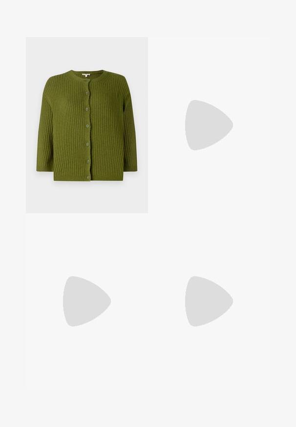 Green ribbed knit cardigan with long sleeves and seven matching buttons down the front, featuring a round neckline and straight hem.; Two long-sleeve tops, one black and one white, both featuring a square neckline and made from soft, stretchy fabric.; Black leather trousers with a smooth texture, featuring a straight fit, two front pockets, and visible seam detailing.; Black leather pump with a pointed toe and a low block heel. Features an ankle strap with a gold-tone buckle. Smooth texture.