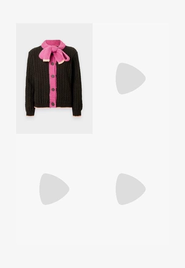 Black knitted cardigan with a pink ribbed button placket and scarf collar. Features brown buttons and light pink accents at the hem and cuffs.; Light green long-sleeve shirt with a button-up front, collar, textured fabric, and tie details at the cuffs. Straight hem design.; Black wide-leg jeans made of denim, featuring a high waist, front pockets, and tonal stitching along the seams.; Brown suede mid-calf boots with black rubber soles worn on bare legs, showing slight wrinkling on the boot shafts.; Oval-shaped red sunglasses with clear lenses and sleek brown frames. The design features subtle curves and minimal hardware.