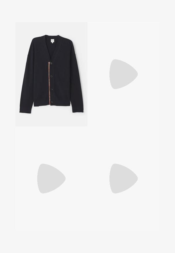 Navy ribbed cardigan featuring a V-neck, five buttons, and a colorful stripe detail along the placket. Soft texture with long sleeves.; Black cotton t-shirt with a crew neck, short sleeves, and a relaxed fit. Simple design, smooth texture, and no visible patterns or logos.; Navy blue trousers made of cotton, featuring a straight-leg design, a front button closure, and classic waistband with belt loops.; White leather sneakers with gray suede accents, lace-up design, pull tab, and textured rubber sole featuring a zigzag pattern.