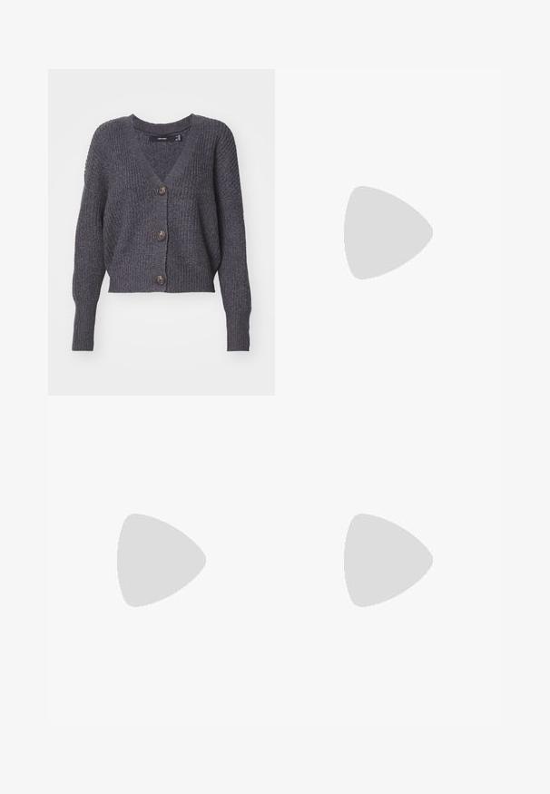 Dark gray knitted cardigan with a V-neck, long sleeves, and five buttons down the front. Features ribbed texture and cropped design.; White ribbed tank top with a round neckline and sleeveless design, featuring a straight hem and a smooth, stretchy texture.; Gray denim jeans with a straight-leg cut, distressed detailing, five pockets, and copper rivets.  Waistband features a logo tag.; Sport shoes with a white leather upper, gray suede toe, and three black stripes. Features a blue logo on the tongue and a textured rubber sole.