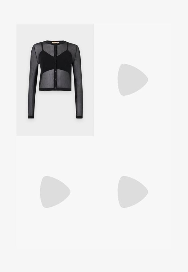 Black cropped cardigan with long sleeves, made of sheer fabric. Features a button front and contrasting solid sections for texture and visual interest.; White short-sleeve t-shirt made of ribbed fabric. Round neckline, regular fit, and subtle stitching details. No patterns or graphics.; Knit white midi skirt featuring a textured pattern with vertical lines and cut-out details near the hem. Elastic waistband. Soft material.; Black leather ballet flat with a rounded toe, smooth texture, minimal stitching detail, and a flexible sole design.; Brown leather handbag with a flap closure, gold-tone hardware, a shoulder strap, and a smooth texture. Compact rectangular shape.