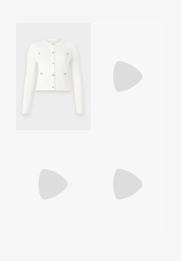White ribbed cardigan featuring long sleeves, a round neckline, six gold buttons, and two front pockets with flap details.; Knitted white short-sleeve top with subtle pattern, featuring a round neckline and gold accent at the hem. texture appears lightweight and breathable.; White shorts with a tie waist, featuring two side pockets and a smooth, textured fabric. Classic cut with clean lines.; Black patent leather slingback pumps with a pointed toe and gold-toned hardware on the strap, featuring a block heel. Smooth texture.