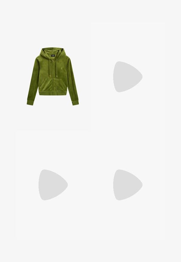 Green velour zip-up hoodie with a front pocket, gold zipper, and logo detail. Features a hood and ribbed cuffs. Soft texture.; White fitted top made of ribbed fabric with cap sleeves and gathered details at the sides for texture and shape.; Green wide-leg trousers made of smooth fabric. Features pleats at the front, a single button closure, and belt loops.; Black patent heeled sandals with a square toe, ankle straps, and silver buckles. Features a chunky block heel for stability.