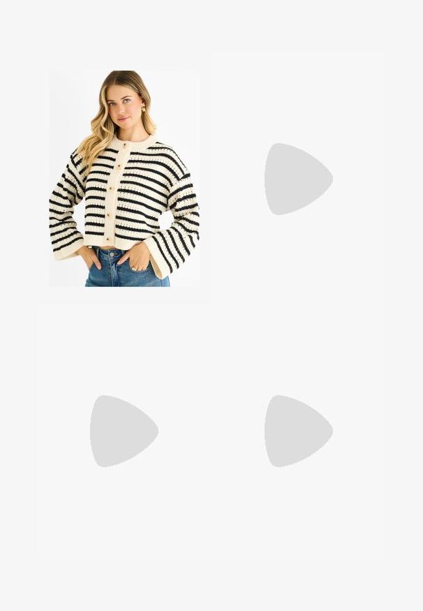 Pletený zkrácený kardigan v krémové barvě s černými pruhy, který má oválný výstřih, dlouhé zvonové rukávy a zapínání na knoflíky s světlými knoflíky.; Bílý krátký rukáv tričko vyrobené z bavlny. Má kulatý výstřih a volný střih. Hladký materiál bez viditelných vzorů nebo akcentů.; Bílé široké kalhoty vyrobené z lehké tkaniny. Mají elastický pas se šňůrkou a boční kapsy. Hladká textura.; Stradivarius Tenisky - white